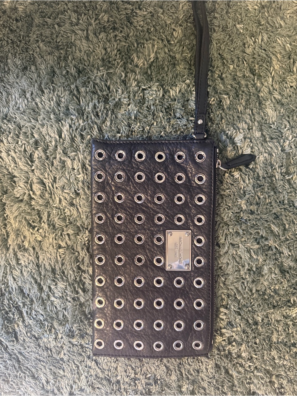 Michael Kors Black Leather Wristlet with Silver Eyelet Detail